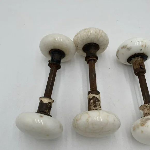 Antique Door Knob Handle Lot Porcelain White Art Deco Victorian VIntage Set 3
